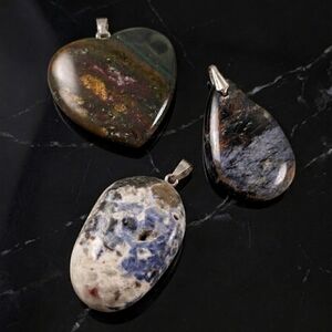 Vintage NOS Natural Stone Pendant Trio - Pietersite, Bloodstone, Sodalite Quartz